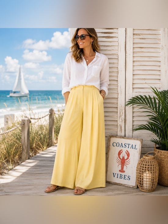 Sienna Sky Pants - Sienna Sky Yellow Linen Blend Wide Leg Pants M Pull On Coastal Resort NWOT